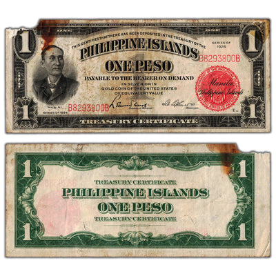 Philippines 1924 1 One Peso Note P #68b - Damaged