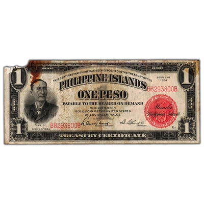 Philippines 1924 1 One Peso Note P #68b - Damaged