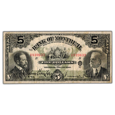 SOLD $5 1914 Bank of Montreal Canada Chartered Note CH #505-54-02
