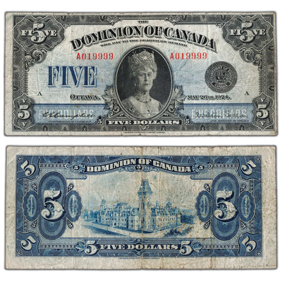 SOLD $5 1924 Dominion of Canada Note Queen Mary DC-27 - Fine