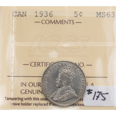SOLD Canada 1936 5 Cents Nickel Coin - ICCS MS-63