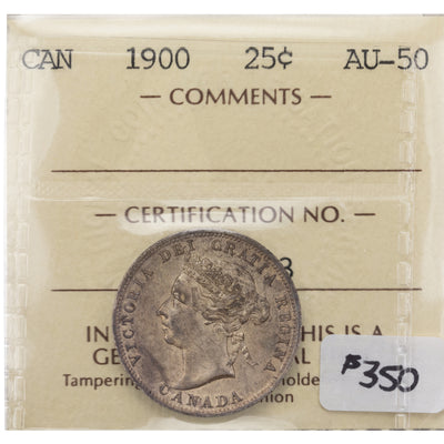 SOLD Canada 1900 25 Cents Quarter Silver Coin - ICCS AU-50