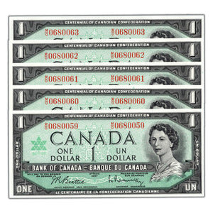 SOLD $1 1967 Bank of Canada Notes M/O Prefix BC-45b - 5 Consecutive Choice Uncirculated