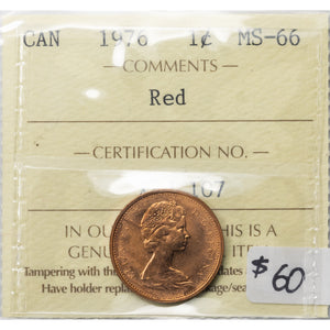 SOLD Canada 1976 1 Small Cent Coin - ICCS MS-66 Red