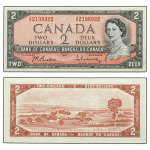 SOLD $2 1954 Bank of Canada Note Beattie-Rasminsky S/R Test Prefix BC-38dT - EF+