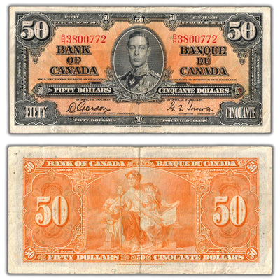 SOLD $50 1937 Bank of Canada Note Gordon-Towers B/H Prefix BC-26b - F/VF