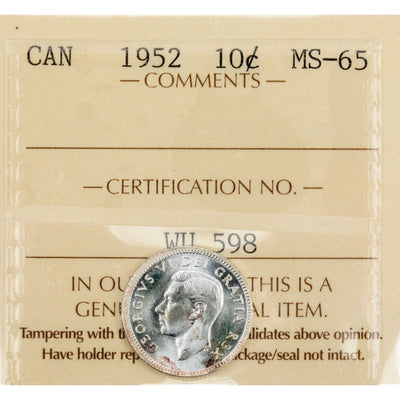 Canada 1952 10 Cents Dime Silver Coin - ICCS MS-65