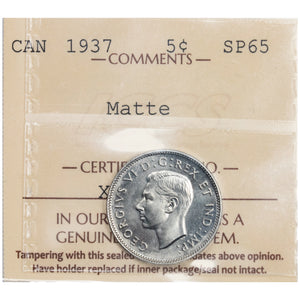 Canada 1937 5 Cents Nickel Coin - ICCS SP-65 Matte Specimen