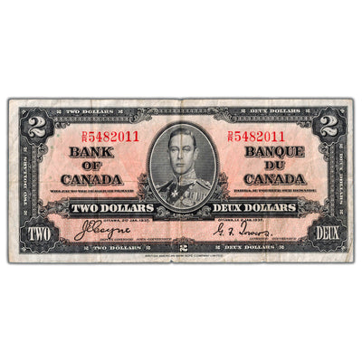 $2 1937 Bank of Canada Note Coyne-Towers D/R Prefix BC-22c - Small Tear