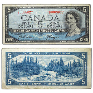 SOLD $5 1954 Bank of Canada Note Devil Face Beattie-Coyne G/C Prefix BC-31b - F/VF