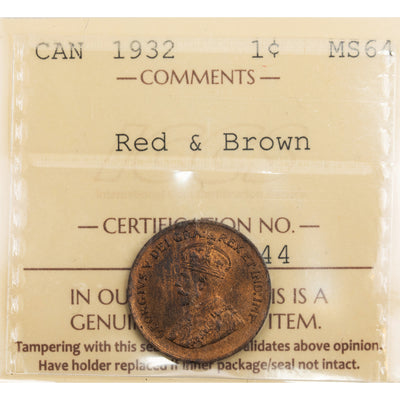 SOLD Canada 1932 1 Small Cent Coin - ICCS MS-64 Red & Brown