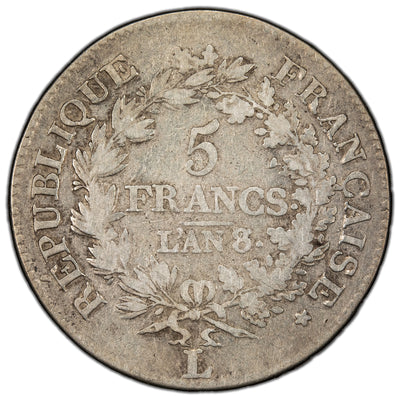 SOLD France 1799 L Overdate 5 Francs Silver Coin