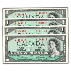 SOLD $1 1954 Bank of Canada Notes H/Z Prefix BC-37b-i - 4 Consecutive - AU/UNC