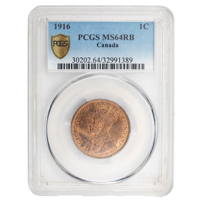 Canada 1916 1c Large Cent Coin - PCGS MS-64 RB