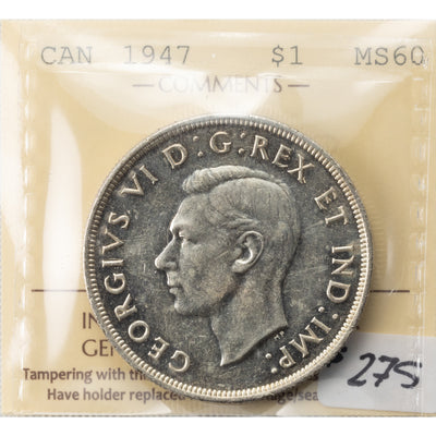 SOLD Canada 1947 Blunt 7 $1 Silver Dollar Coin - ICCS MS-60