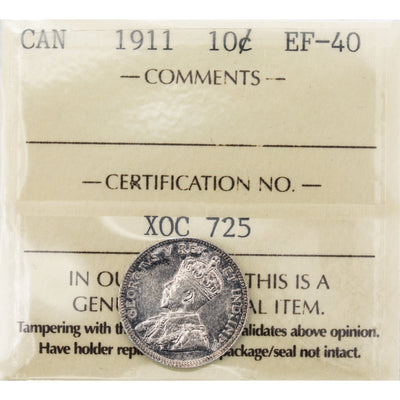 Canada 1911 10 Cents Dime Silver Coin - ICCS EF-40