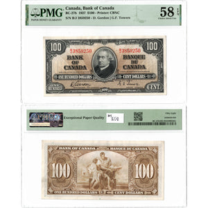 SOLD $100 1937 Bank of Canada Note Gordon-Towers B/J Prefix BC-27b - PMG AU-58 EPQ