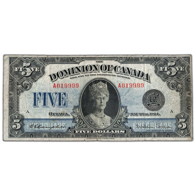 SOLD $5 1924 Dominion of Canada Note Queen Mary DC-27 - Fine