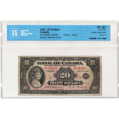 SOLD $20 1935 Bank of Canada Note English Text Small Seal BC-9b - CCCS VF-20