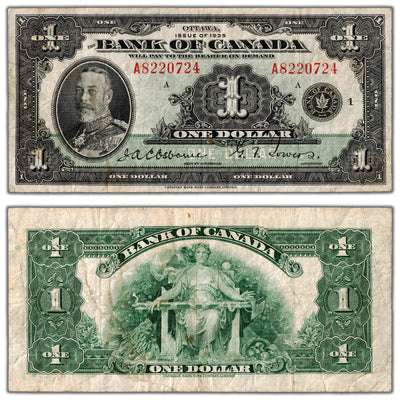 $1 1935 Bank of Canada Note English Text Letter A BC-1 - F/VF