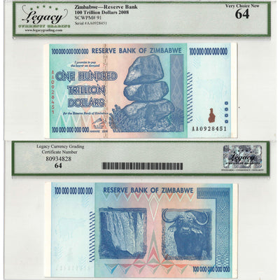 SOLD Zimbabwe 2008 100 Trillion Dollars Note P #91 - Legacy UNC-64
