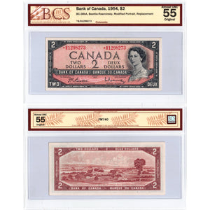 SOLD $2 1954 Bank of Canada Note *B/B Replacement Prefix BC-38bA - BCS AU-55