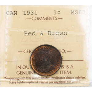 SOLD Canada 1931 1 Small Cent Coin - ICCS MS-63 Red & Brown
