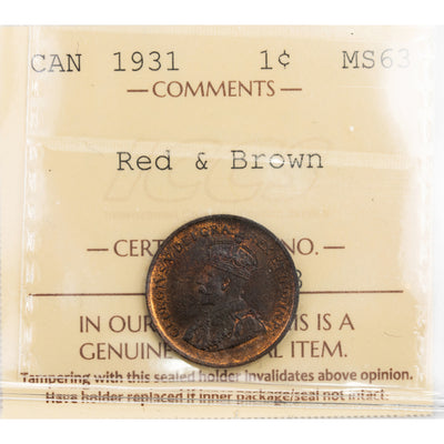 SOLD Canada 1931 1 Small Cent Coin - ICCS MS-63 Red & Brown