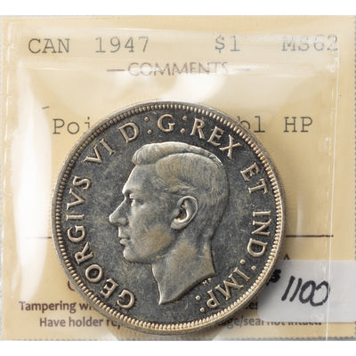 SOLD Canada 1947 Pointed 7 2xHP $1 Silver Dollar Coin - ICCS MS-62