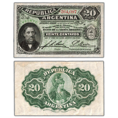 Argentina 1895 20 Twenty Centavos Note P #229a - Minor Staining