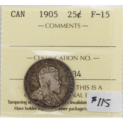 Canada 1905 25 Cents Quarter Silver Coin - ICCS F-15