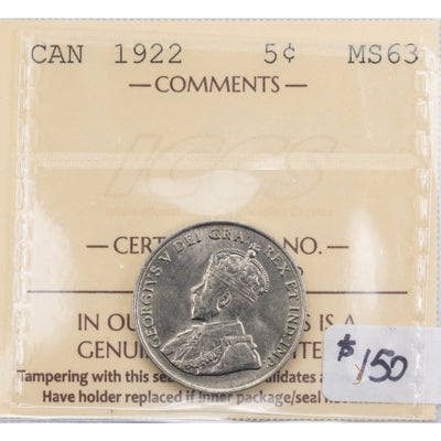 SOLD Canada 1922 5 Cents Nickel Coin - ICCS MS-63