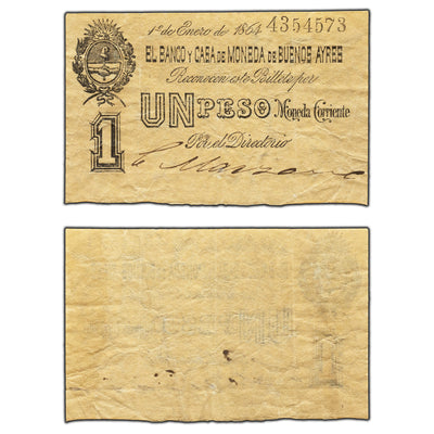 SOLD Argentina El Banco Y Casa De Moneda De Buenos Aires 1864 1 One Peso Note