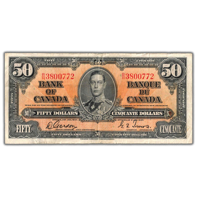 SOLD $50 1937 Bank of Canada Note Gordon-Towers B/H Prefix BC-26b - F/VF