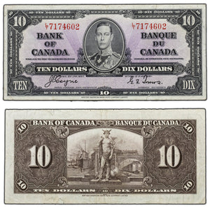 SOLD $10 1937 Bank of Canada Note Coyne-Towers L/T Prefix BC-24c - VF (edge tears)