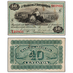 Peru El Banco de Arequipa 1800's 40 Centavos Remainder Note P #S116 - About EF
