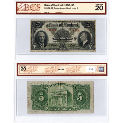 $5 1938 Bank of Montreal Canada Chartered Note #505-62-02 - BCS VF-20