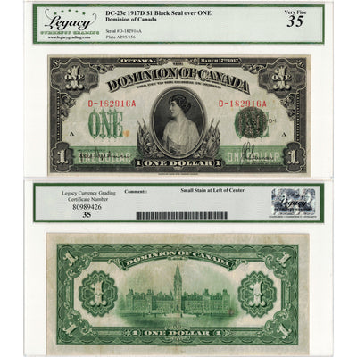 $1 1917 Dominion of Canada Note Saunders Seal over ONE Series D DC-23c - Legacy VF-35