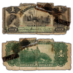 SOLD $4 1900 Dominion of Canada Note DC-16 - Heavily Damaged