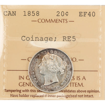 Canada 1858 20 Cents Silver Coin One Year Type! - ICCS EF-40