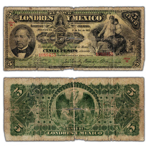 SOLD Mexico Banco Londres Y Mexico 1913 5 Pesos Note P #S233d - Filler (holes/tears)