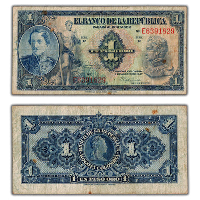 Colombia 1947 1 One Peso Note P #380e - Light Rust Spots