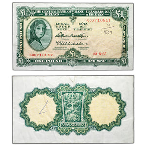 SOLD Ireland 1965 1 One Pound Note P #64a - Writing