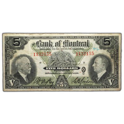 SOLD $5 1935 Bank of Montreal Canada Chartered Note #505-60-02 - Writing