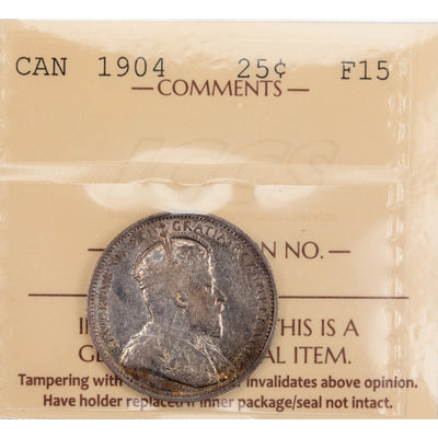 Canada 1904 25 Cents Quarter Silver Coin - ICCS F-15