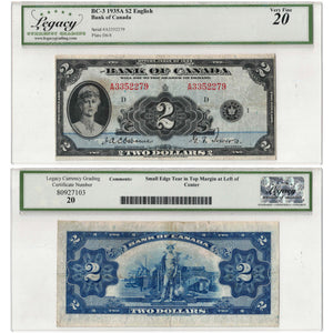 SOLD $2 1935 Bank of Canada Note English Text BC-3 - Legacy VF-20