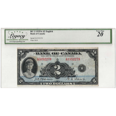 SOLD $2 1935 Bank of Canada Note English Text BC-3 - Legacy VF-20
