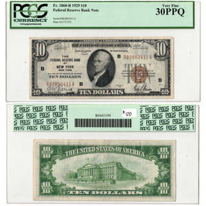 SOLD United States 1929 New York $10 Federal Reserve Note FR #1860b - PCGS VF-30PPQ