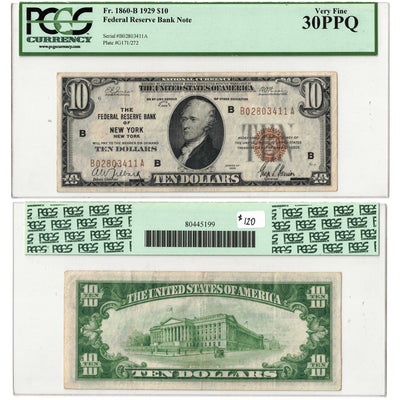 SOLD United States 1929 New York $10 Federal Reserve Note FR #1860b - PCGS VF-30PPQ