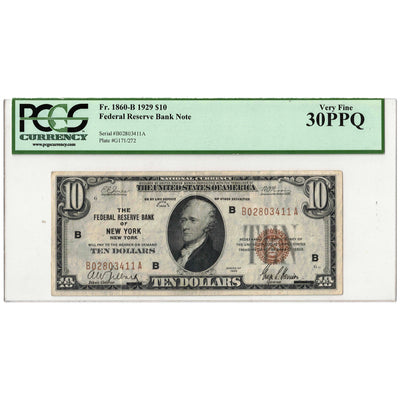 SOLD United States 1929 New York $10 Federal Reserve Note FR #1860b - PCGS VF-30PPQ